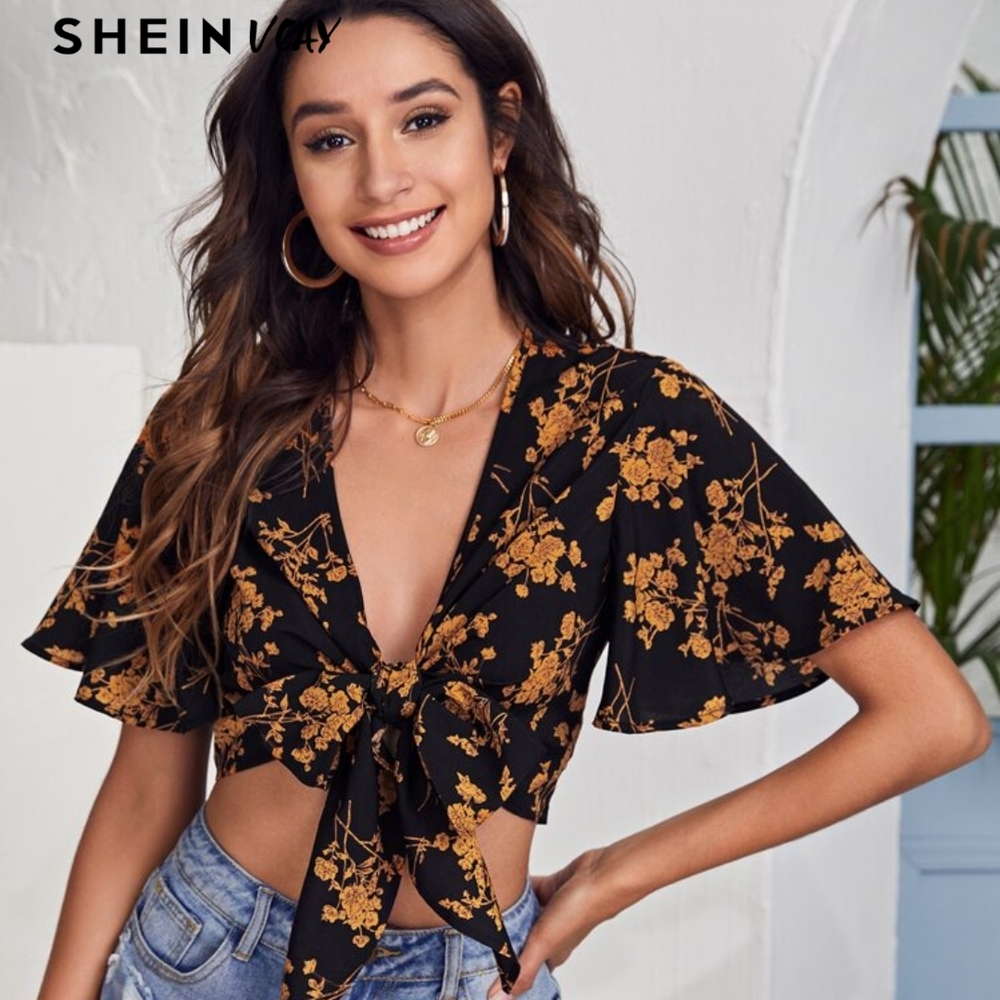 SHEIN Black and Gold Tie-Front Floral Blouse
